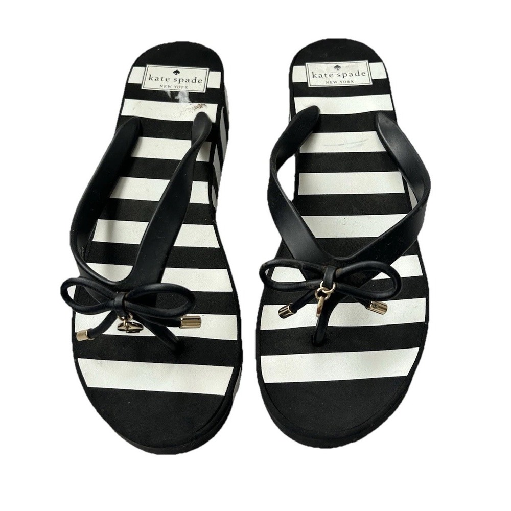 KATE SPADE Black & White Striped Platform Wedge Flip Flop Sandals Womens 9M